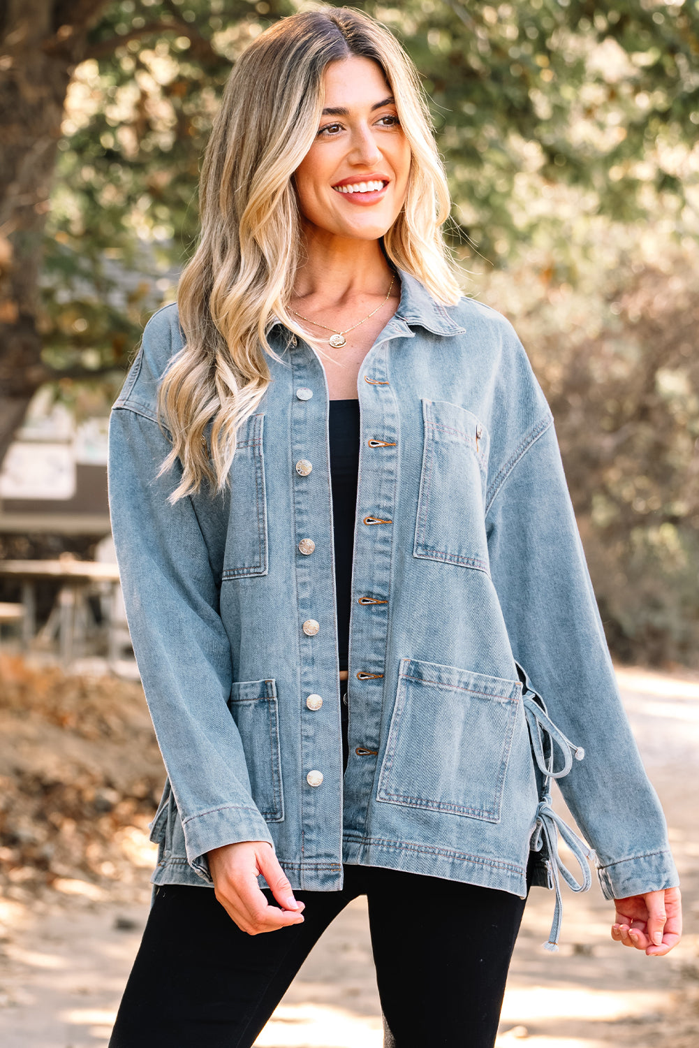 Beau Blue Multi Patched Pockets Side Tie up Boyfriend Style Denim Jacket-Outerwear/Denim jackets-[Adult]-[Female]-2022 Online Blue Zone Planet