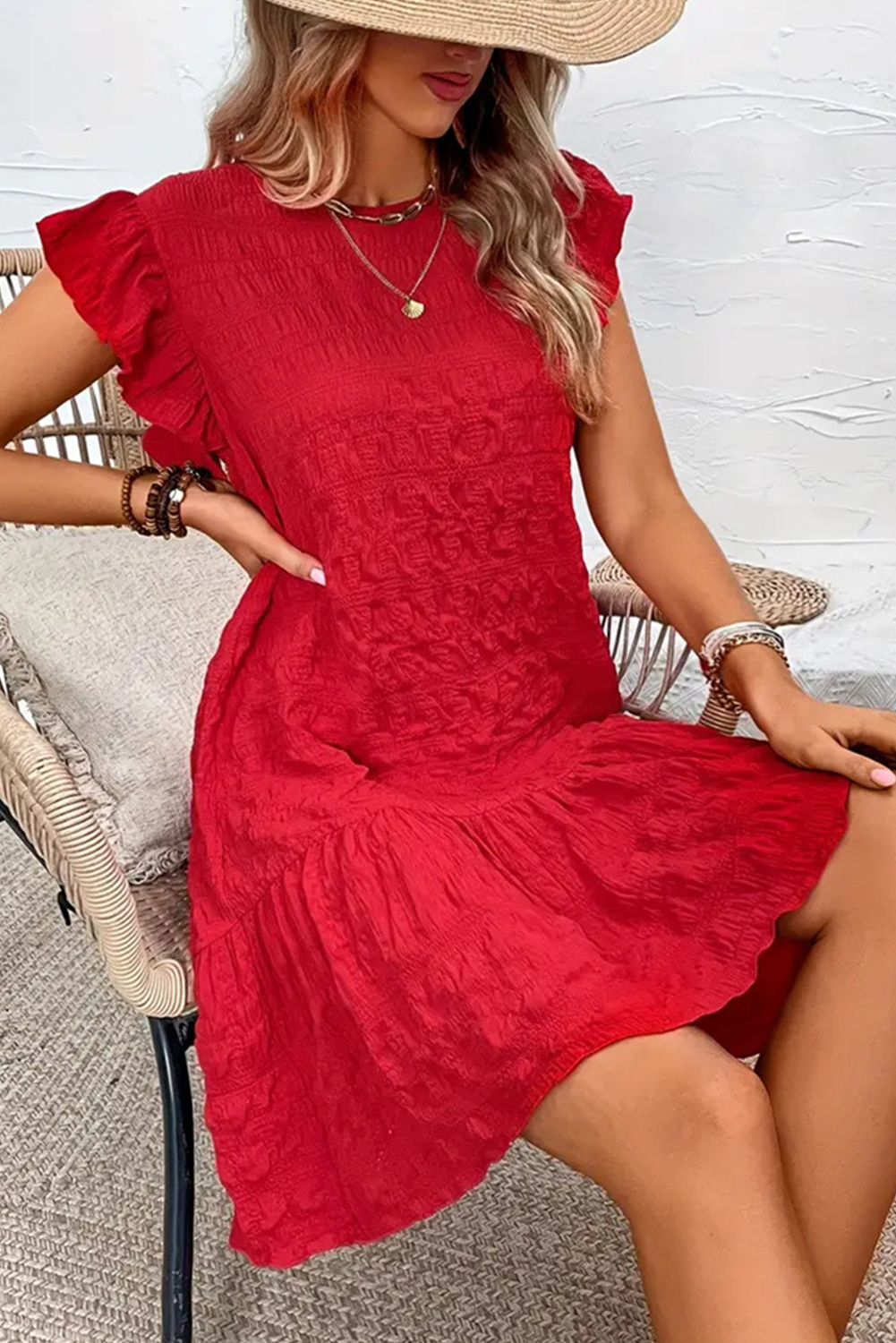 Fiery Red Solid Color Ruffle Trim Sleeveless Dress-Short Dresses-[Adult]-[Female]-2022 Online Blue Zone Planet