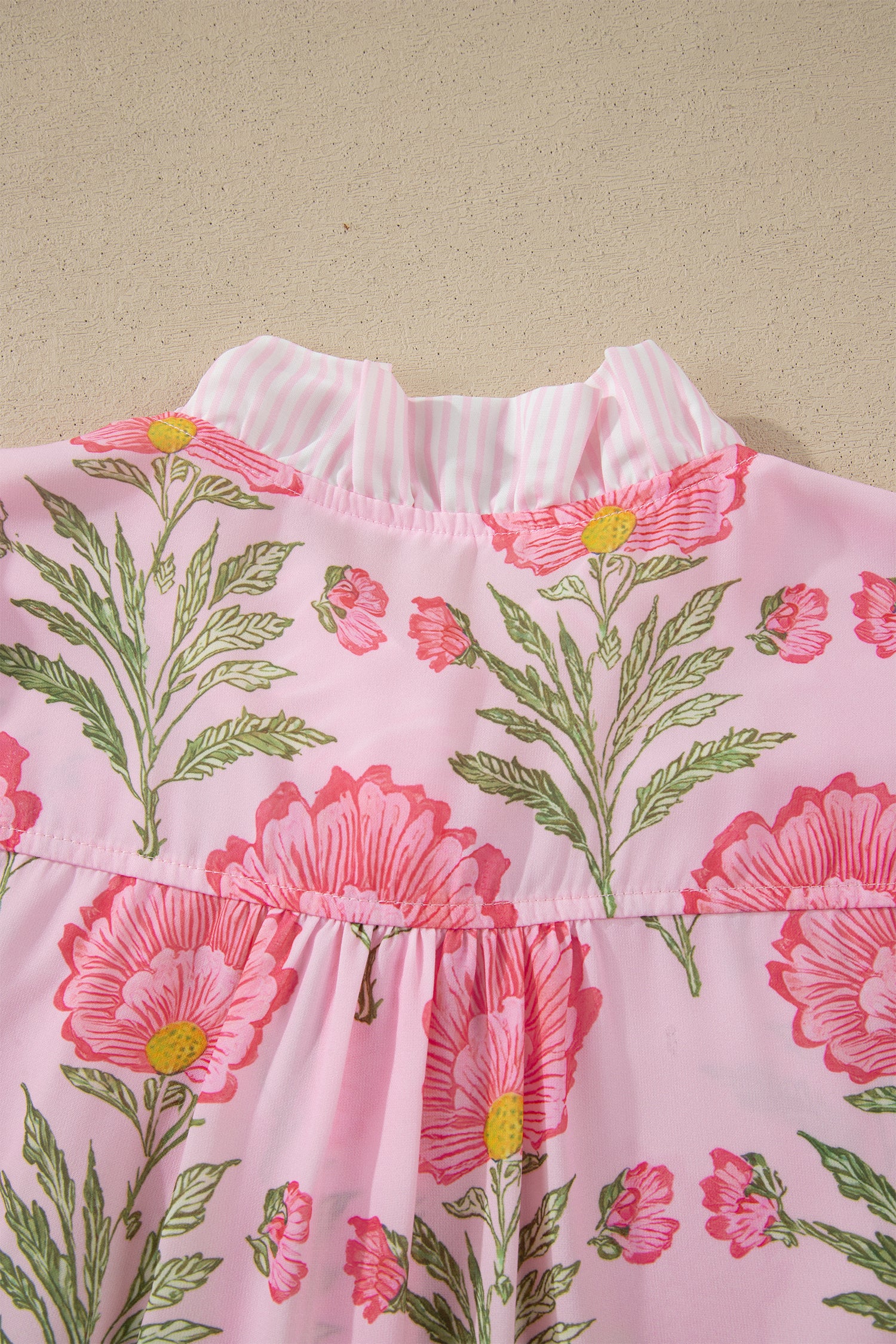 Pink Sweet Blooms Ruffle Striped Trim Puff Sleeve Shirt-Tops/Blouses & Shirts-[Adult]-[Female]-2022 Online Blue Zone Planet