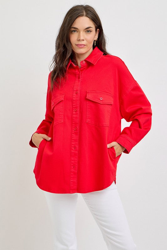 RISEN Button Down Long Sleeve Denim Shacket with Chest Pockets-TOPS / DRESSES-[Adult]-[Female]-2022 Online Blue Zone Planet