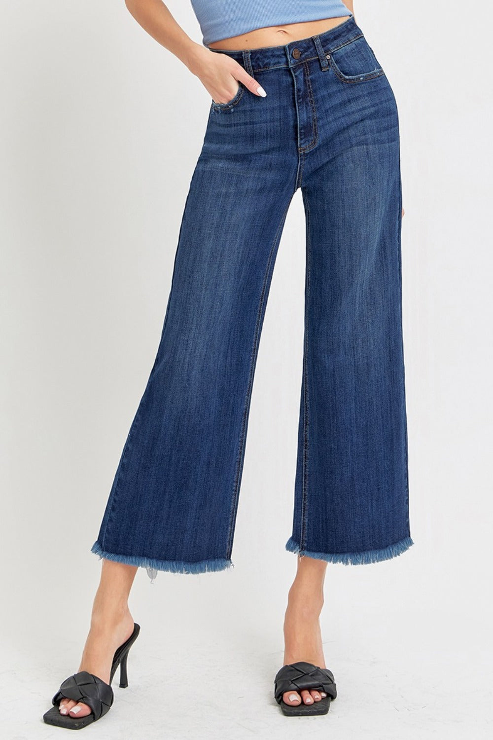 RISEN Full Size Raw Hem Cropped Wide Leg Jeans-BOTTOMS SIZES SMALL MEDIUM LARGE-[Adult]-[Female]-Dark-0(24)-2022 Online Blue Zone Planet