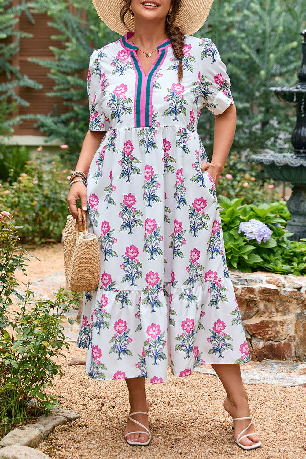White Allover Print Contrast Split Neckline Short Puff Sleeve Curvy Dress-TOPS / DRESSES-[Adult]-[Female]-2022 Online Blue Zone Planet