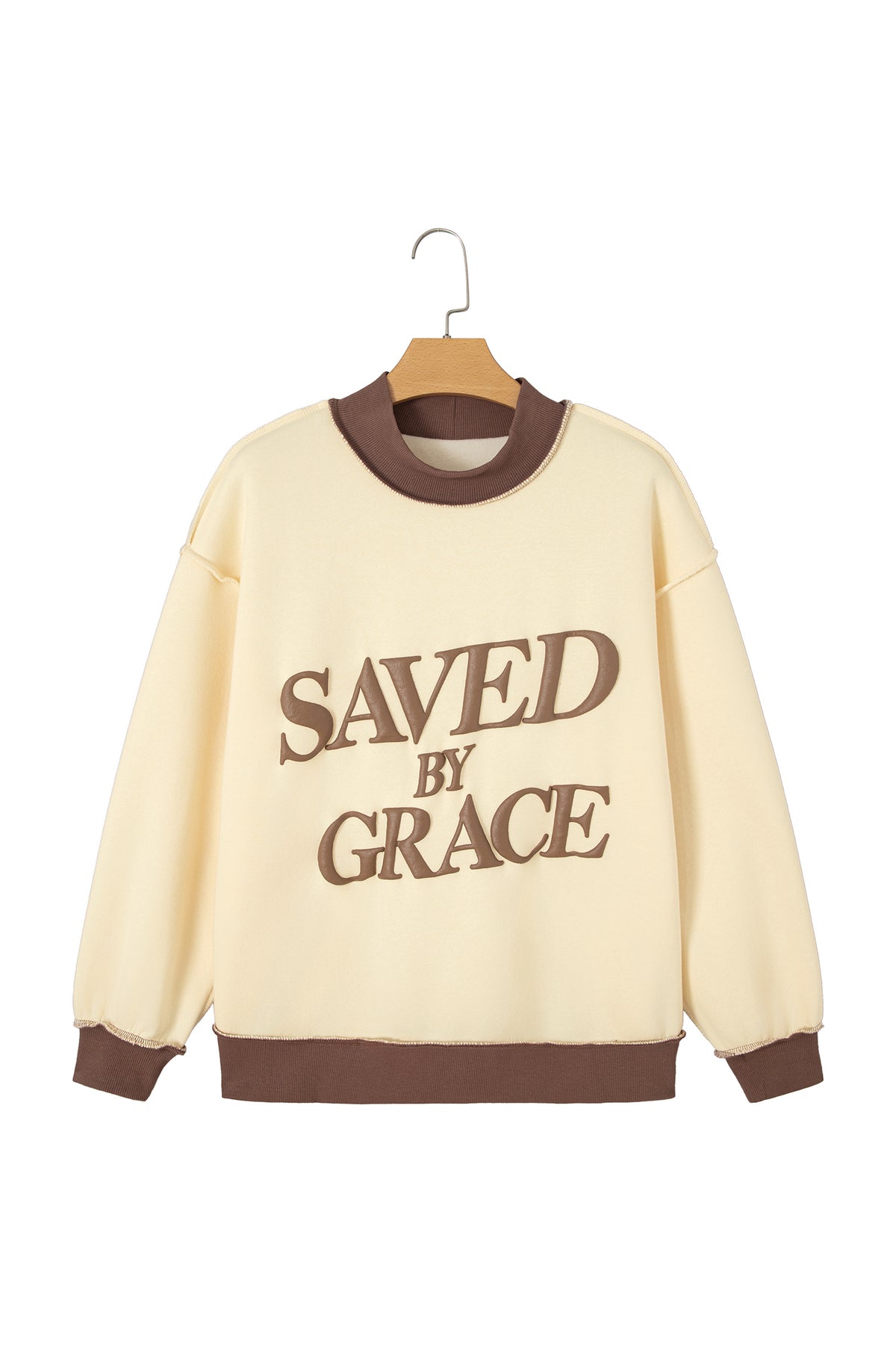 Beige Saved By Grace Print Color Block Mock Neck Oversized Sweatshirt-Tops/Sweatshirts & Hoodies-[Adult]-[Female]-2022 Online Blue Zone Planet