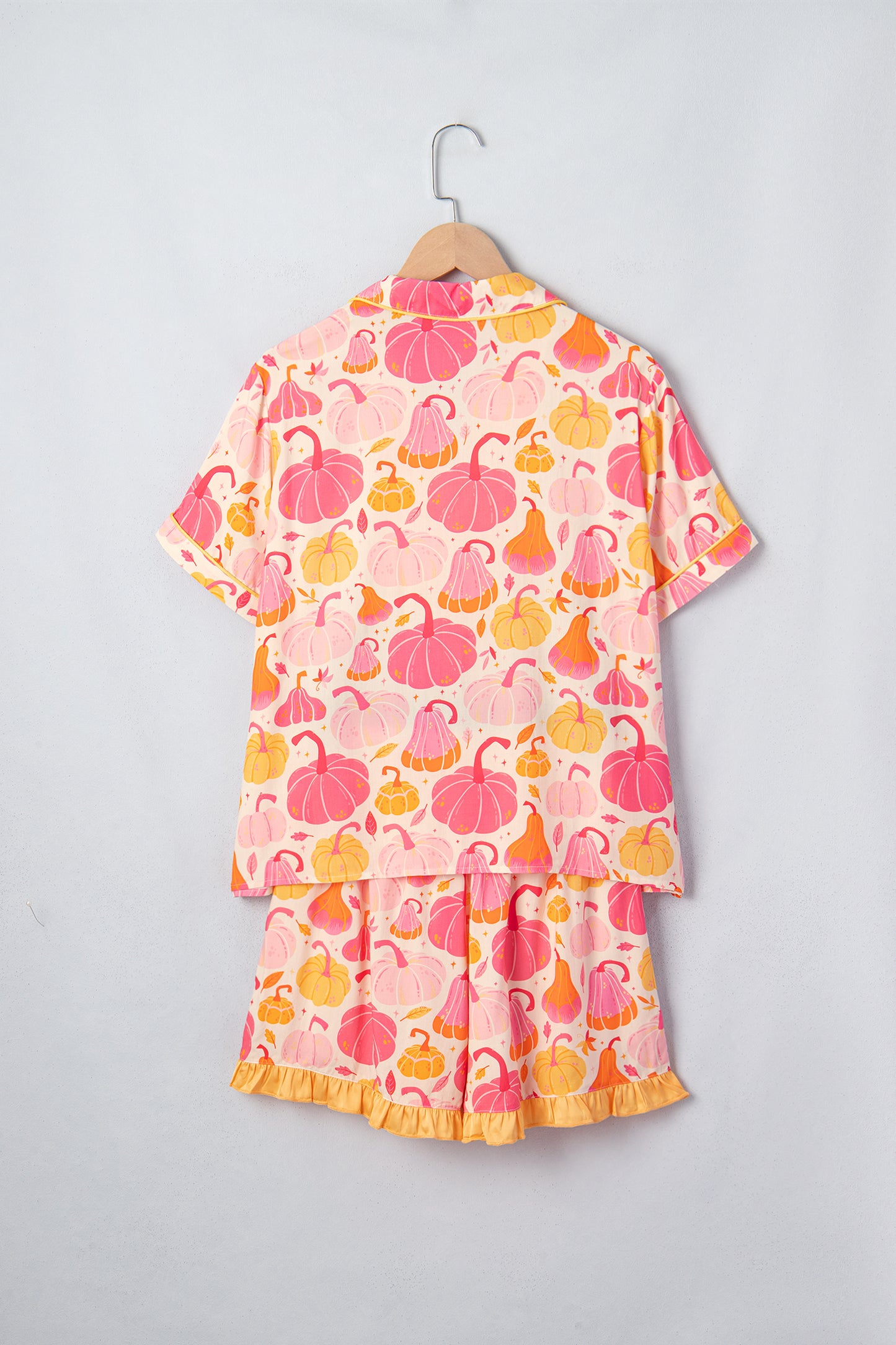 Pink Short Sleeve Pumpkin Print Pocket Placket Shell Button Lounge Set-Loungewear & Sleepwear/Loungewear-[Adult]-[Female]-2022 Online Blue Zone Planet