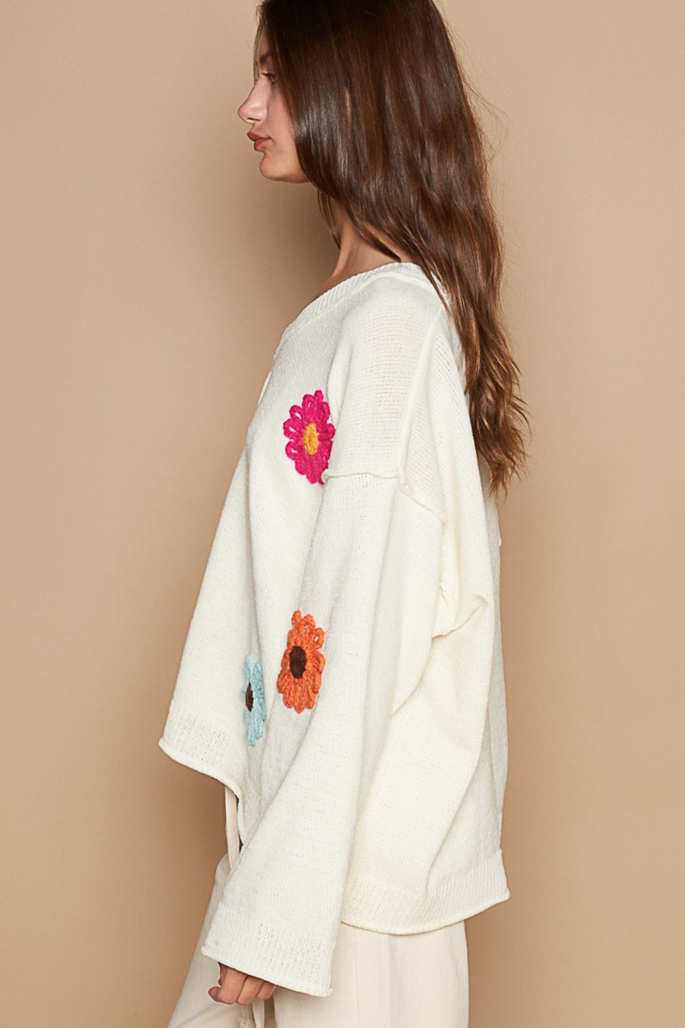 POL V-Neck Flower Patches Long Sleeve Sweater-TOPS / DRESSES-[Adult]-[Female]-2022 Online Blue Zone Planet