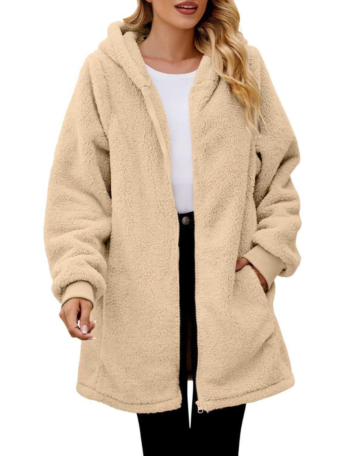 Fuzzy Pocketed Zip Up Long Sleeve Hooded Jacket-TOPS / DRESSES-[Adult]-[Female]-2022 Online Blue Zone Planet