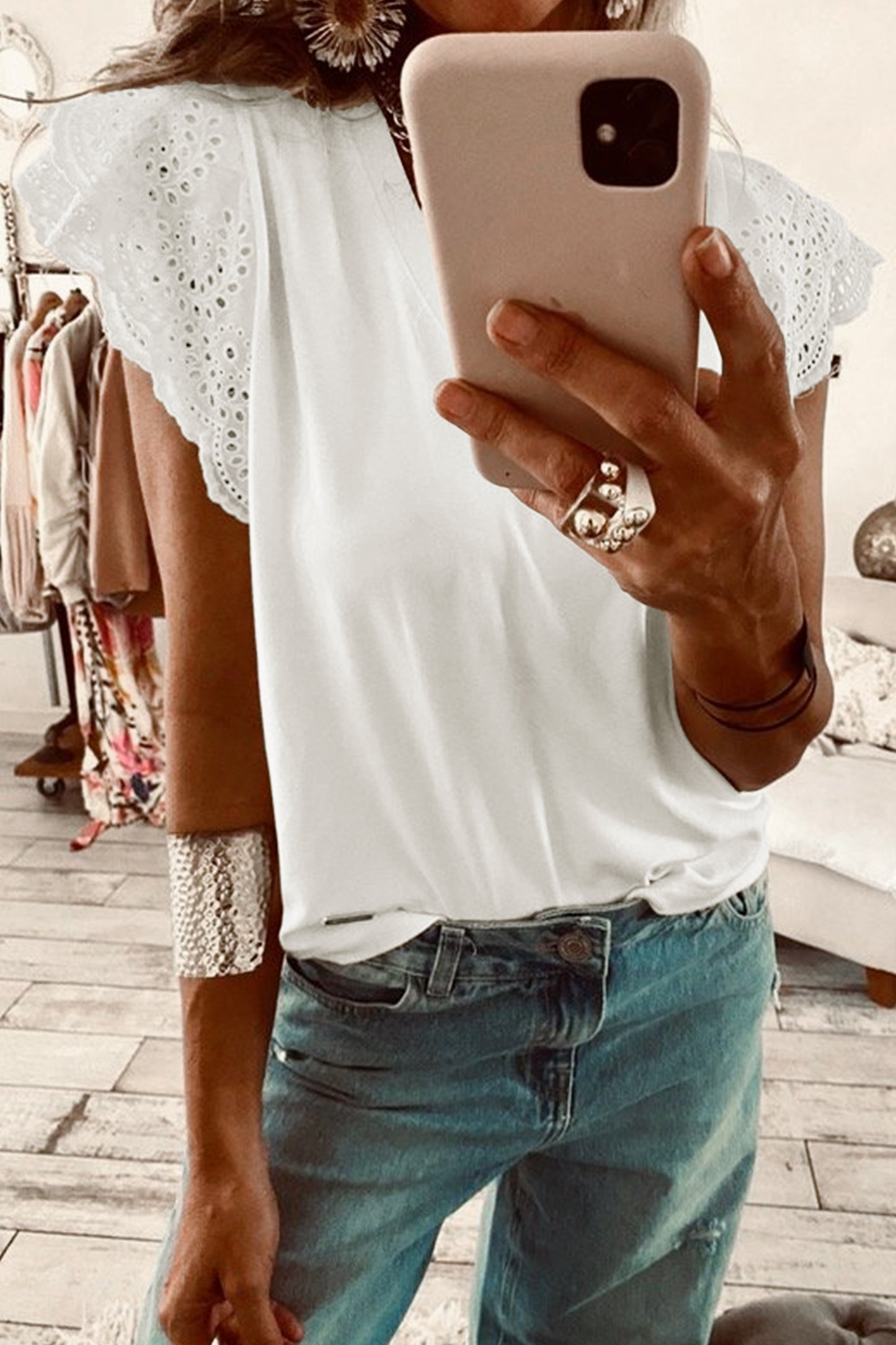 White Eyelet Embroidered Flutter Sleeve Patchwork V Neck Tee-Tops/Tops & Tees-[Adult]-[Female]-White-S-2022 Online Blue Zone Planet