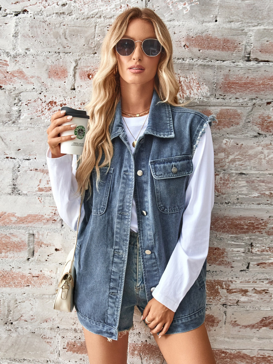 Raw Hem Sleeveless Button Up Denim Jacket-TOPS / DRESSES-[Adult]-[Female]-2022 Online Blue Zone Planet