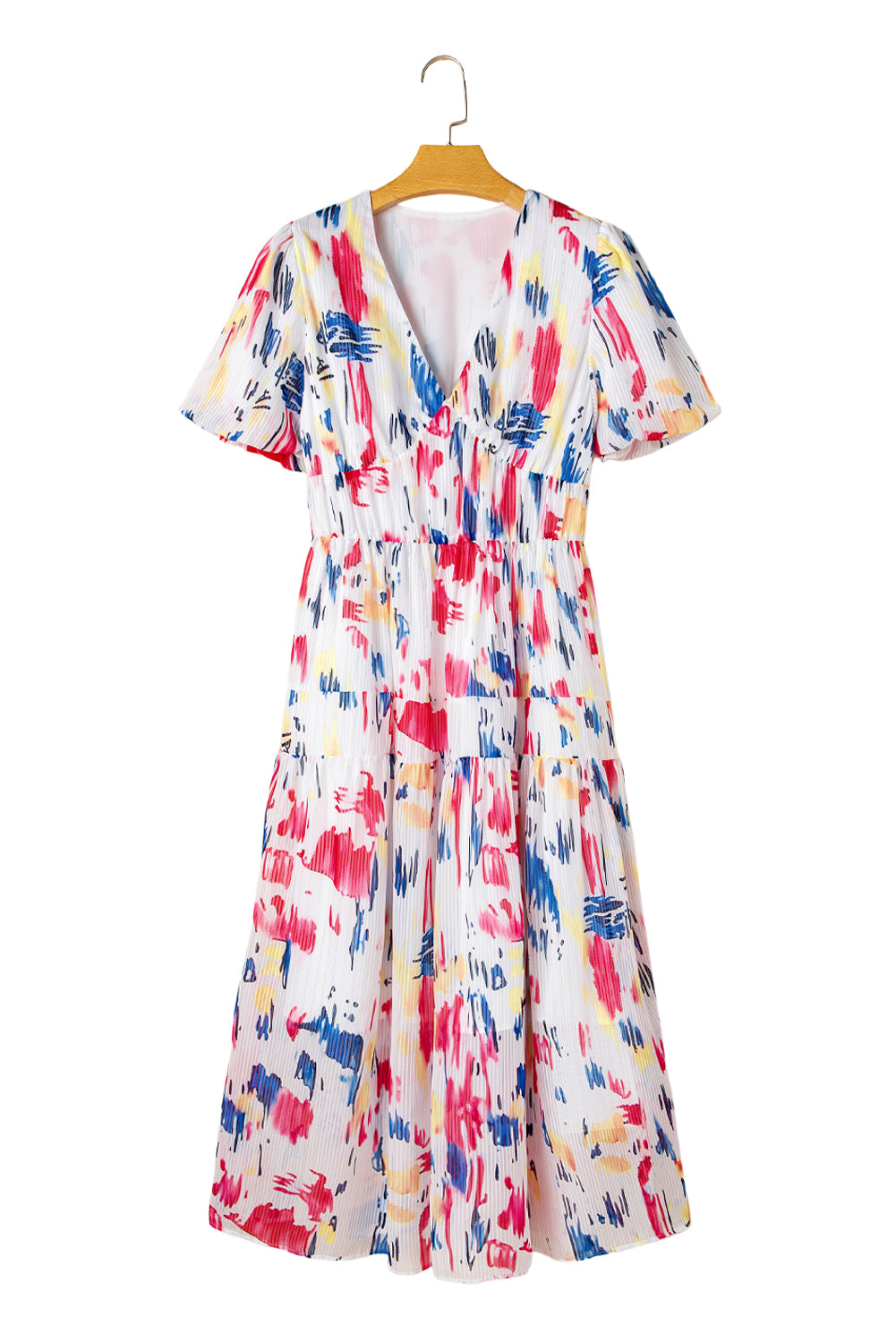 Rose Abstract Print Short Puff Sleeve Tiered Maxi Dress-TOPS / DRESSES-[Adult]-[Female]-2022 Online Blue Zone Planet