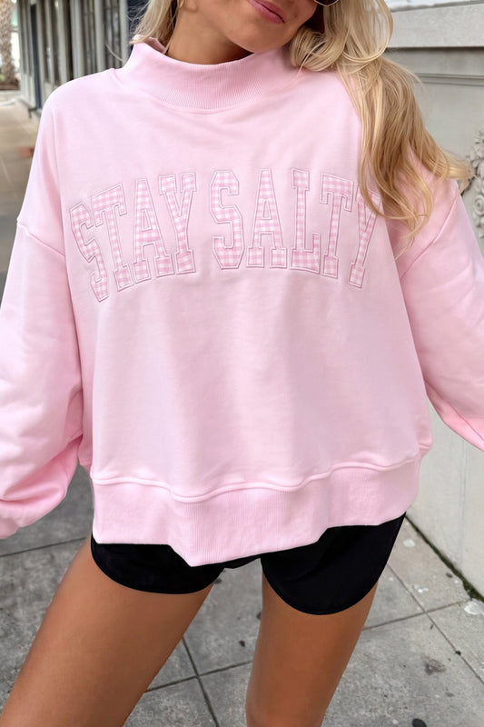 Pink Stay Salty Embroidered Long Sleeve Stand Neck Shift Pullover Sweatshirt-Tops/Sweatshirts & Hoodies-[Adult]-[Female]-Pink-S-2022 Online Blue Zone Planet