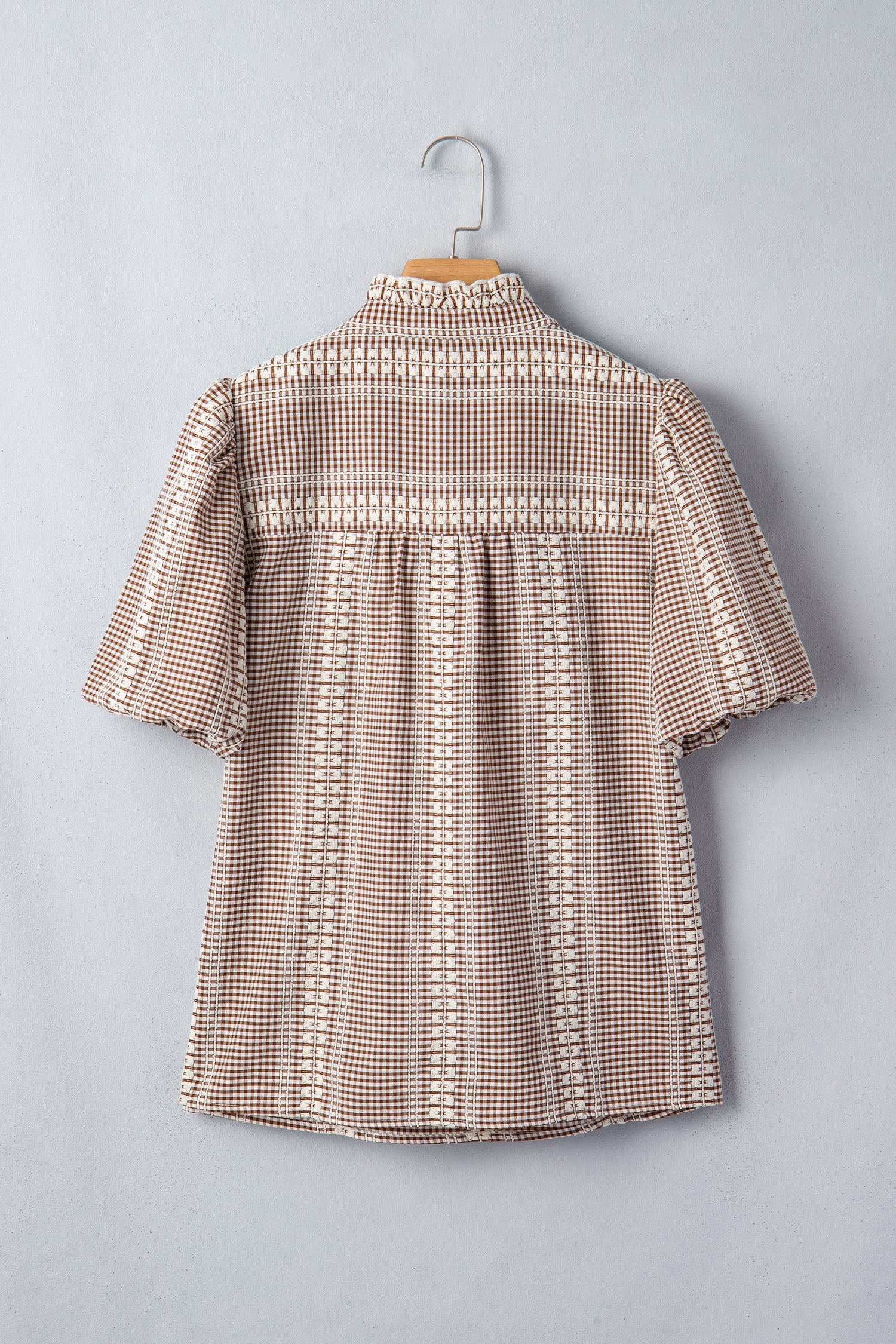 Brown Western Pony Embroidered Yoke Puff Sleeve Gingham Blouse-Tops/Blouses & Shirts-[Adult]-[Female]-2022 Online Blue Zone Planet