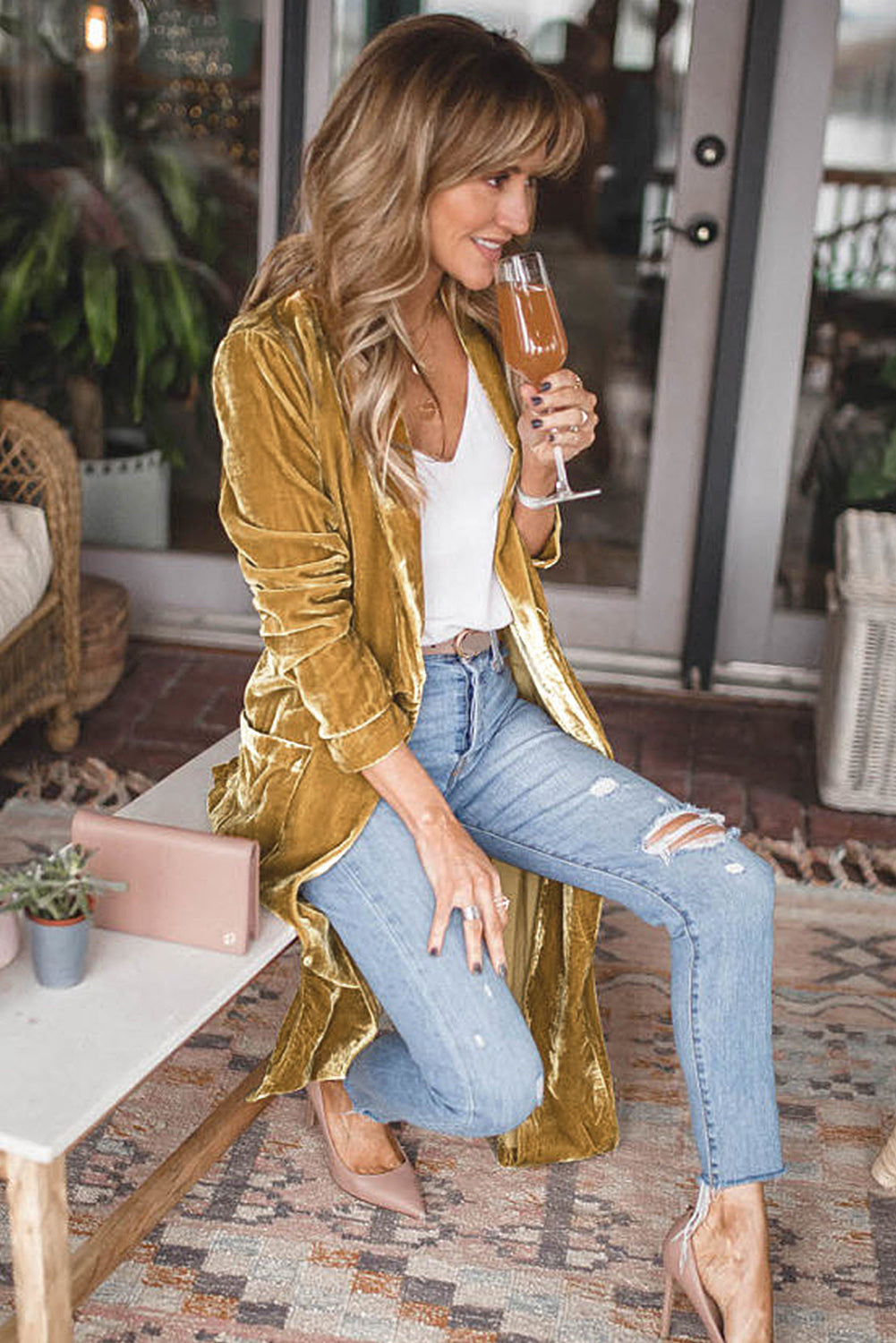 Yellow Velvet Open Front Pocketed Long Duster-Sweaters & Cardigans/Cardigans-[Adult]-[Female]-2022 Online Blue Zone Planet