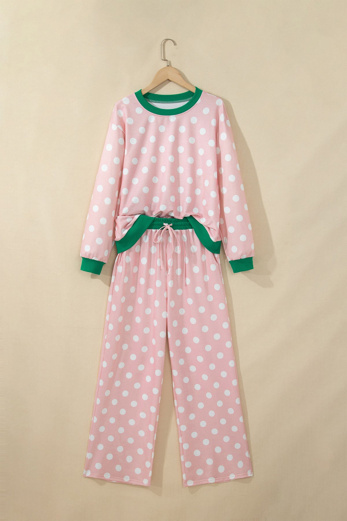 Pink Polka Dot Contrast Trim Long Sleeve Top Drawstring Shift Pants Set-Two Piece Sets/Pant Sets-[Adult]-[Female]-2022 Online Blue Zone Planet