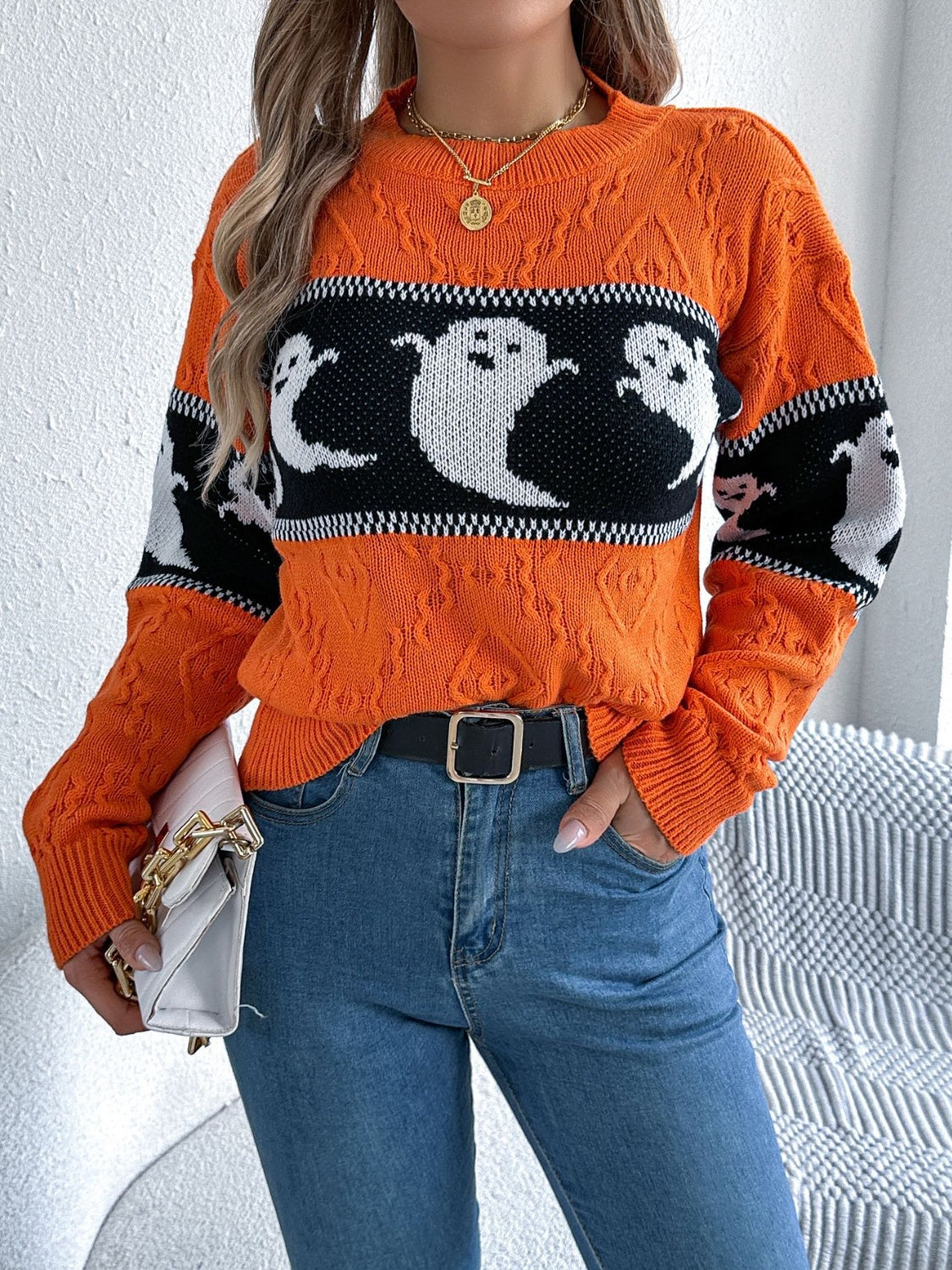 Ghost Round Neck Long Sleeve Sweater-TOPS / DRESSES-[Adult]-[Female]-Orange-S-2022 Online Blue Zone Planet