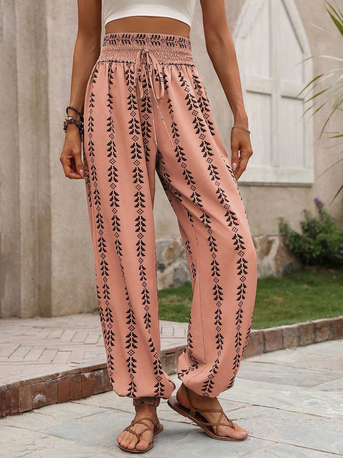 Tied Printed High Waist Pants-BOTTOMS SIZES SMALL MEDIUM LARGE-[Adult]-[Female]-2022 Online Blue Zone Planet