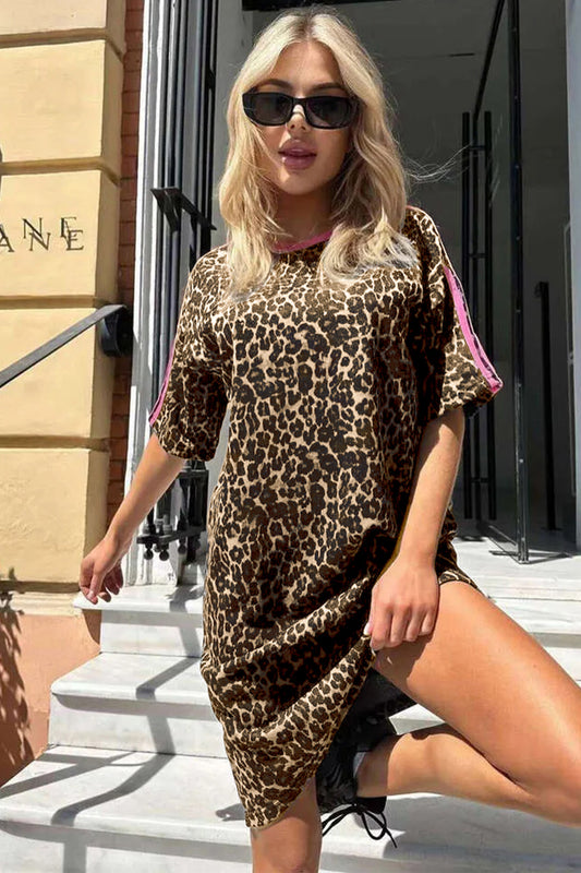 Apricot Leopard Print Contrast Varsity Striped Detail Loose T Shirt Dress-TOPS / DRESSES-[Adult]-[Female]-2022 Online Blue Zone Planet
