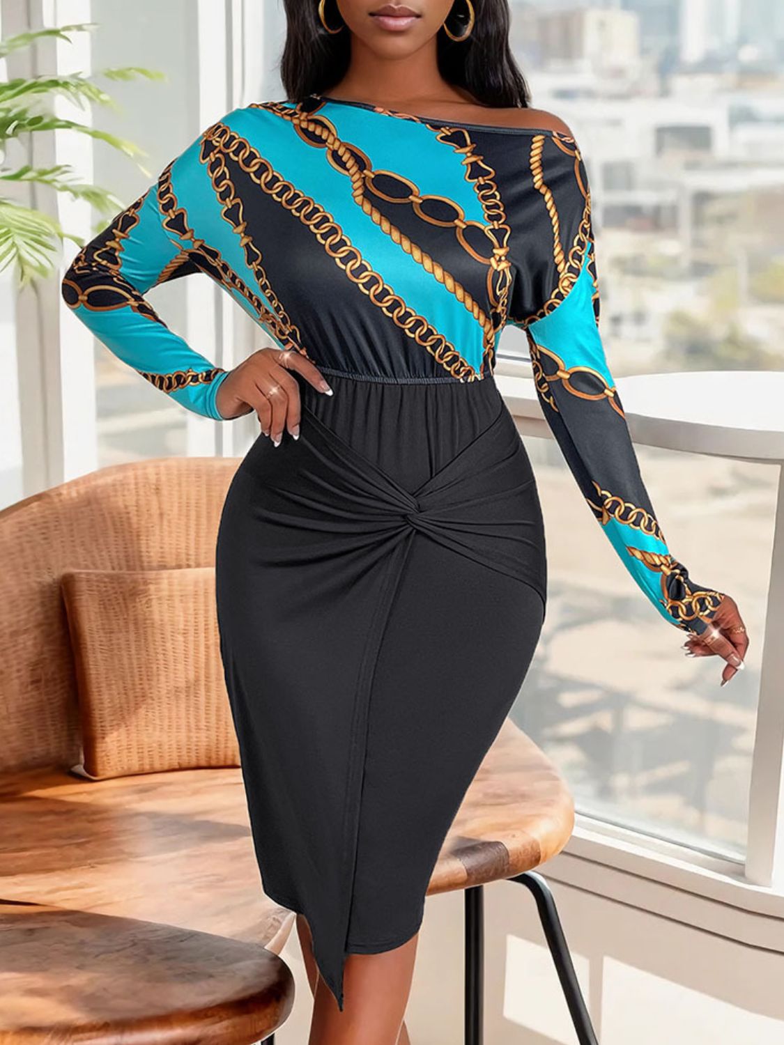 Perfee Twisted Printed Long Sleeve Dress-TOPS / DRESSES-[Adult]-[Female]-2022 Online Blue Zone Planet