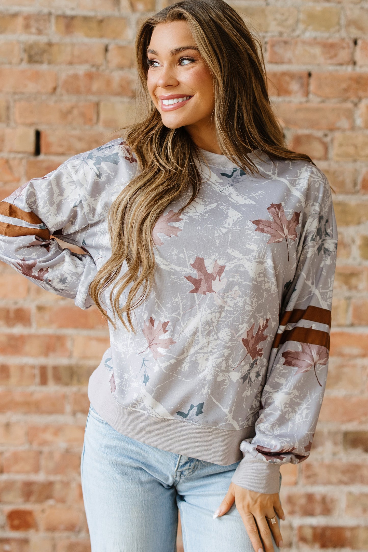 Gray Maple Leaf Camo Print Varsity Striped Sleeve Casual Sweatshirt-Tops/Sweatshirts & Hoodies-[Adult]-[Female]-2022 Online Blue Zone Planet