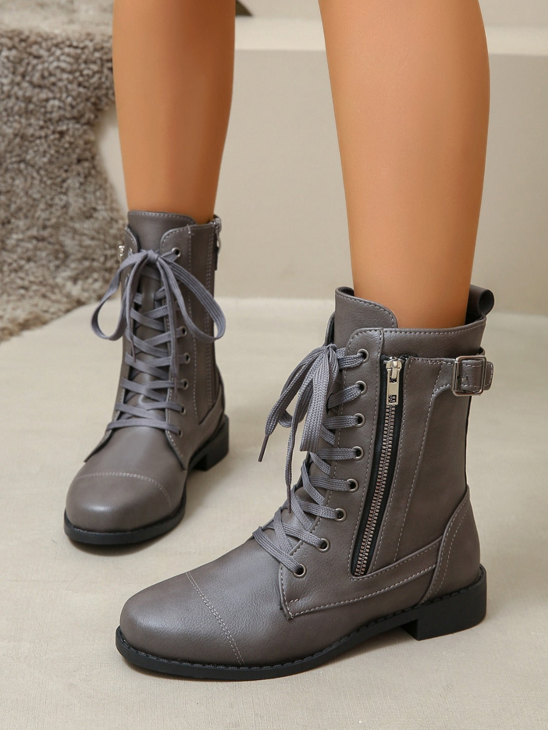 PU Leather Lace-Up Boots-BOOTS-[Adult]-[Female]-Dark Gray-36(US5)-2022 Online Blue Zone Planet