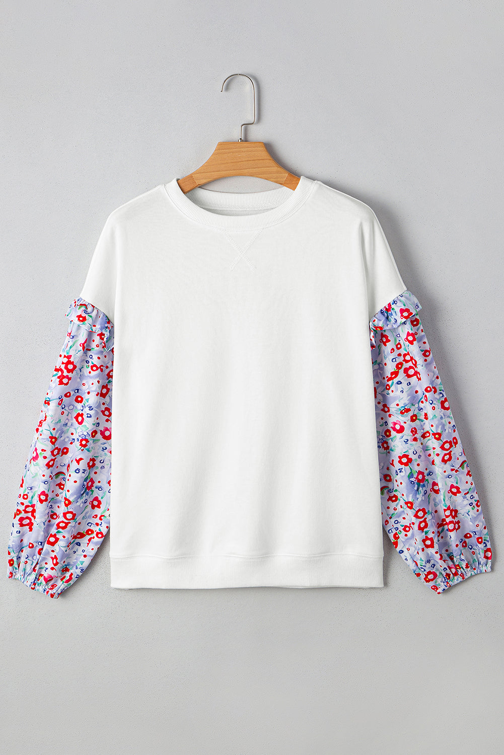 White Floral Ruffled Balloon Sleeve Patchwork Loose Blouse-Tops/Blouses & Shirts-[Adult]-[Female]-2022 Online Blue Zone Planet