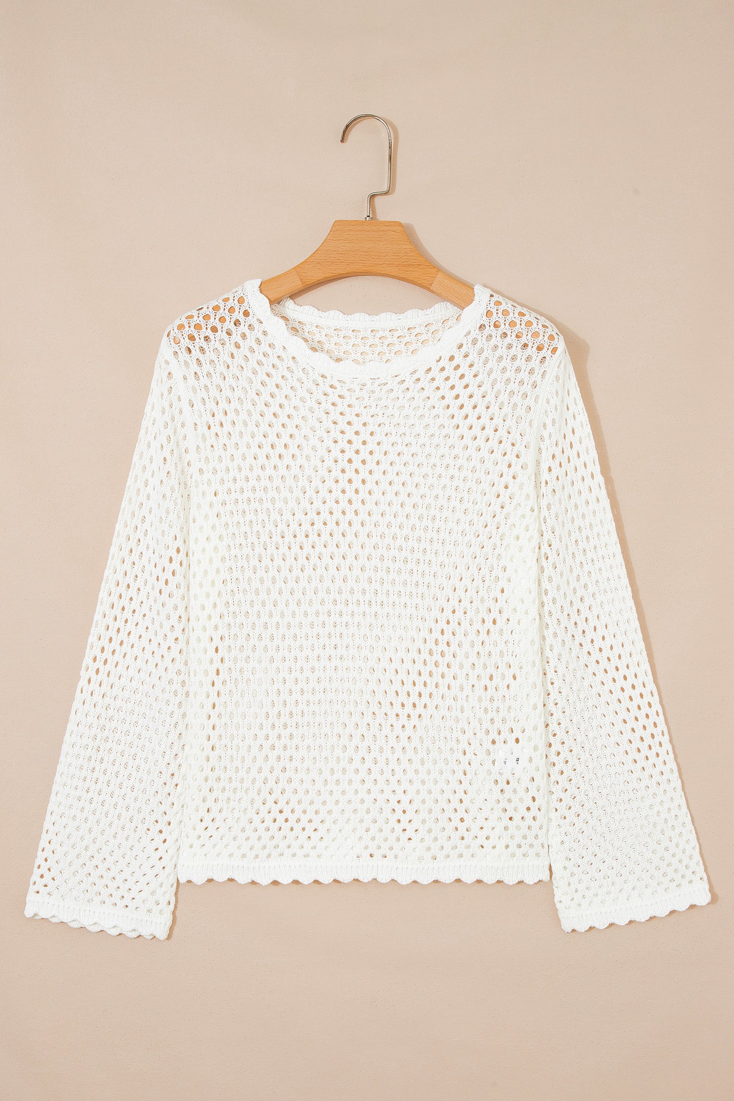 Yellow Cream Scalloped Trim Hollow Out Knit Long Sleeve Top-Sweaters & Cardigans/Sweaters-[Adult]-[Female]-2022 Online Blue Zone Planet