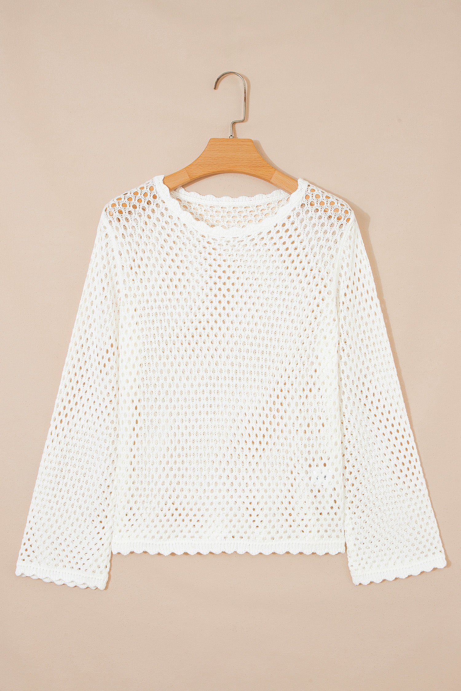 Yellow Cream Scalloped Trim Hollow Out Knit Long Sleeve Top-Sweaters & Cardigans/Sweaters-[Adult]-[Female]-2022 Online Blue Zone Planet