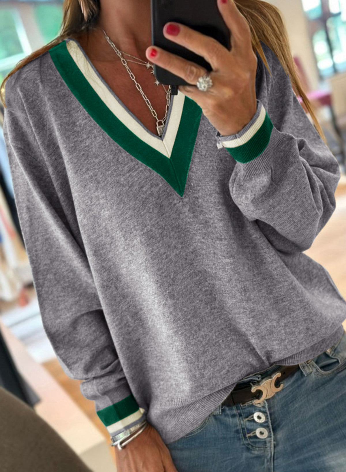 Gray Contrast Striped Trim V Neck Varsity Sweater-Sweaters & Cardigans/Sweaters-[Adult]-[Female]-Gray-S-2022 Online Blue Zone Planet