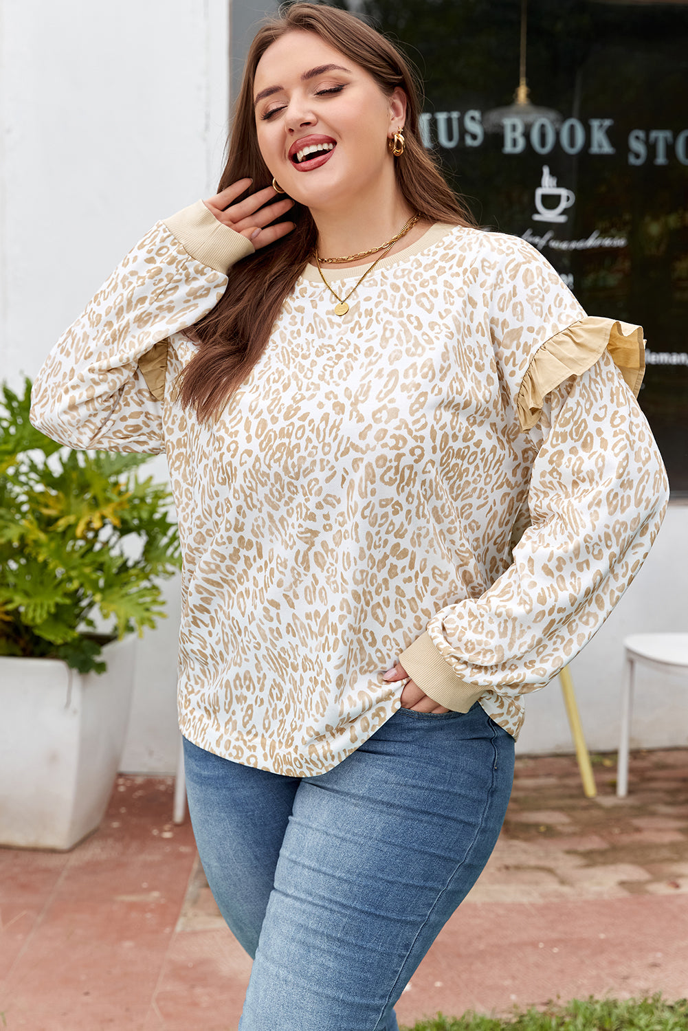 Khaki Plus Size Ruffled Arm Leopard Sweatshirt-Plus Size/Plus Size Sweatshirts & Hoodies-[Adult]-[Female]-2022 Online Blue Zone Planet
