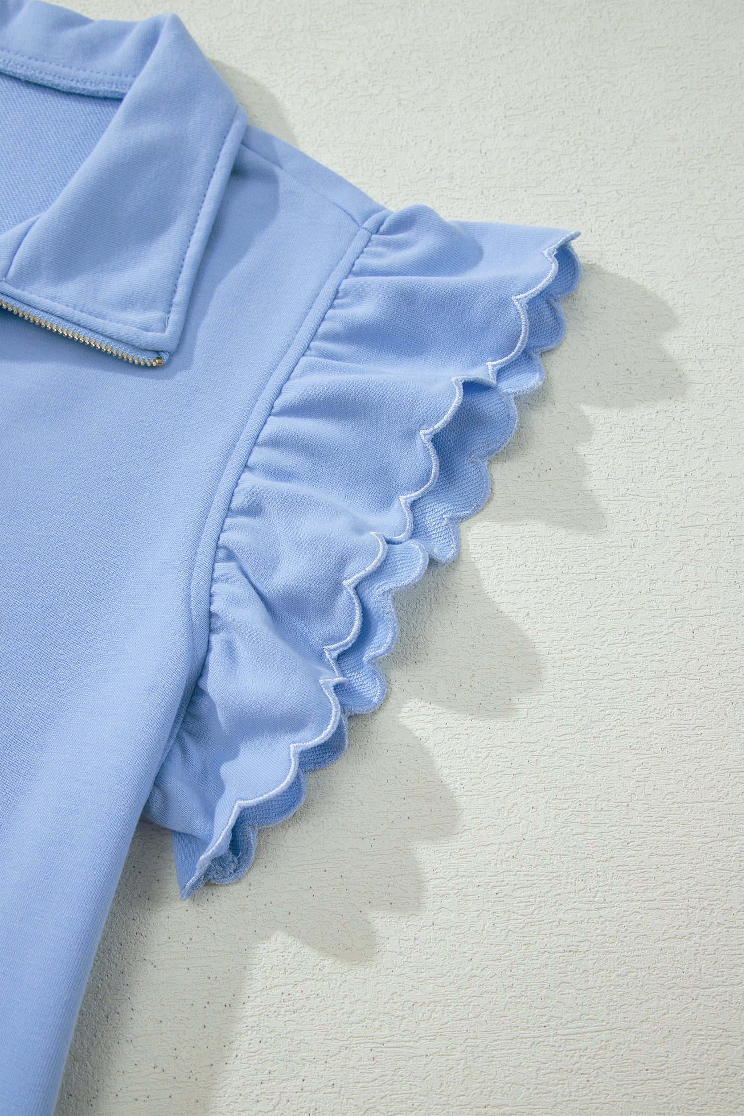 Sky Blue Half Zipped Ruffled Short Set-Two Piece Sets/Short Sets-[Adult]-[Female]-2022 Online Blue Zone Planet