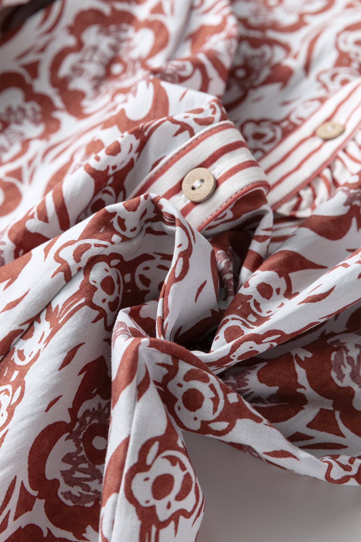 Floral Print Frilled Striped Trim Button Down Smocked Cuffs Long Sleeve Shirt-Tops/Blouses & Shirts-[Adult]-[Female]-2022 Online Blue Zone Planet