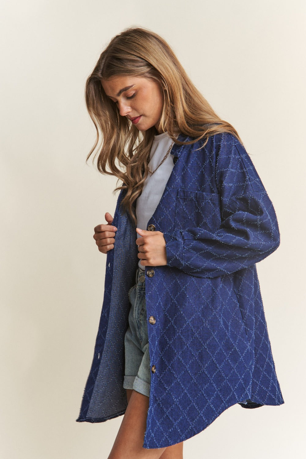 J.NNA Rhombus Stitched Button Up Denim Shacket-TOPS / DRESSES-[Adult]-[Female]-2022 Online Blue Zone Planet