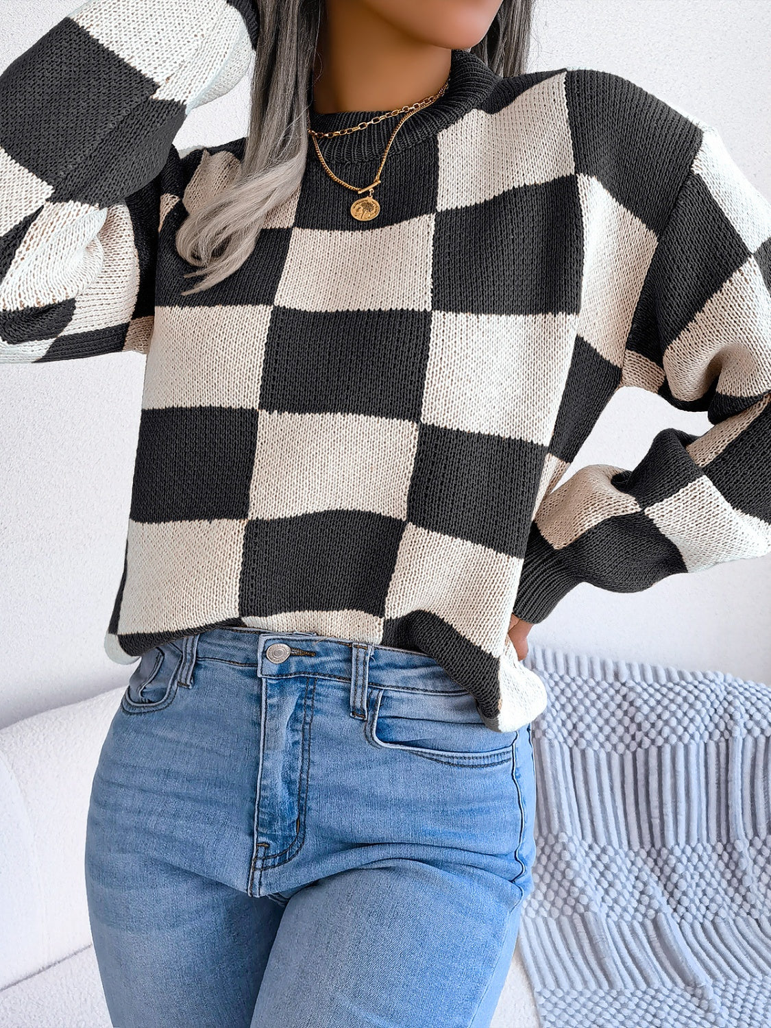 Checkered Mock Neck Long Sleeve Sweater-TOPS / DRESSES-[Adult]-[Female]-2022 Online Blue Zone Planet