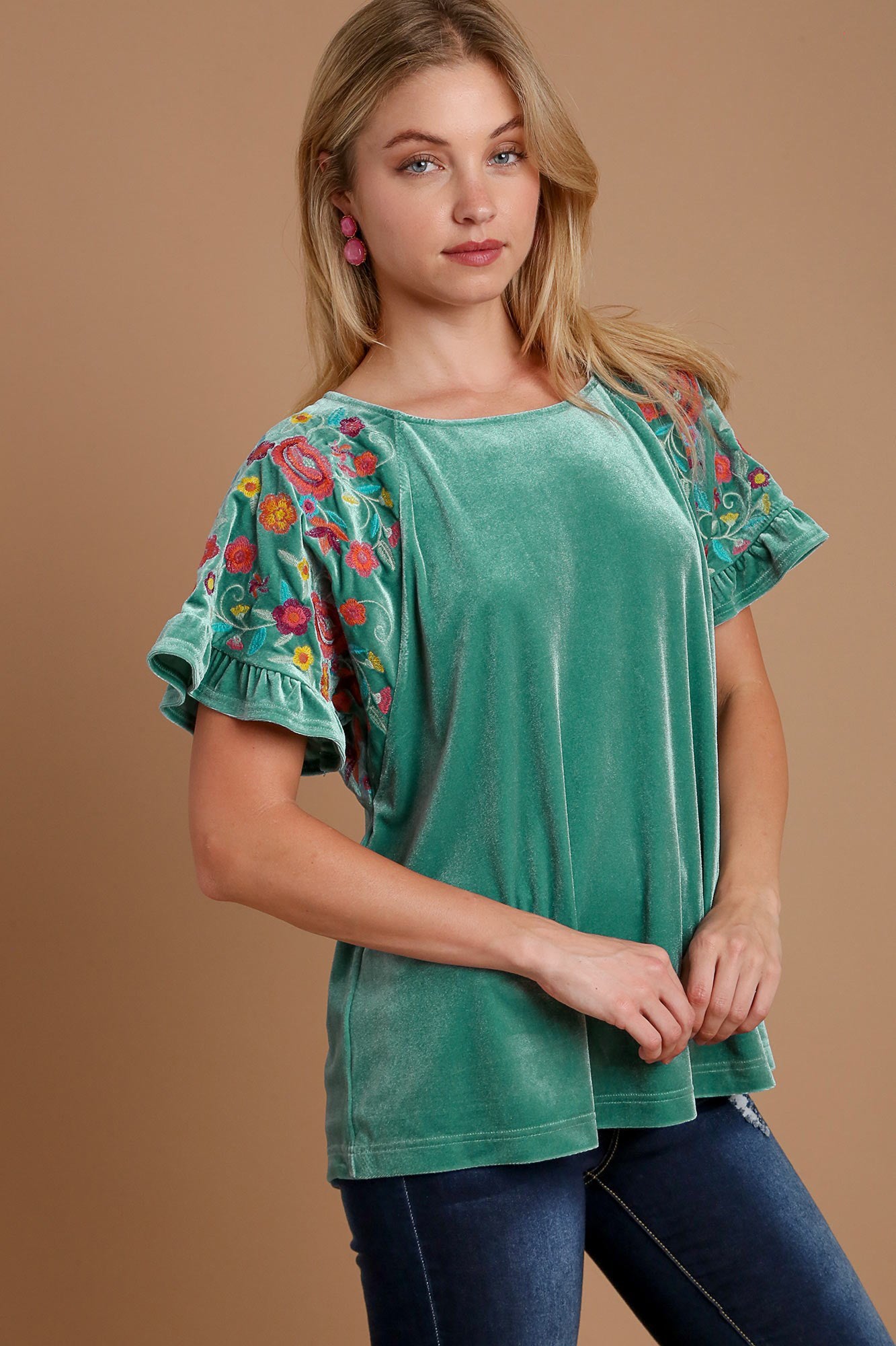 Blue Zone Planet | Umgee Velvet Embroidery Short Sleeve Blouse-TOPS / DRESSES-[Adult]-[Female]-2022 Online Blue Zone Planet