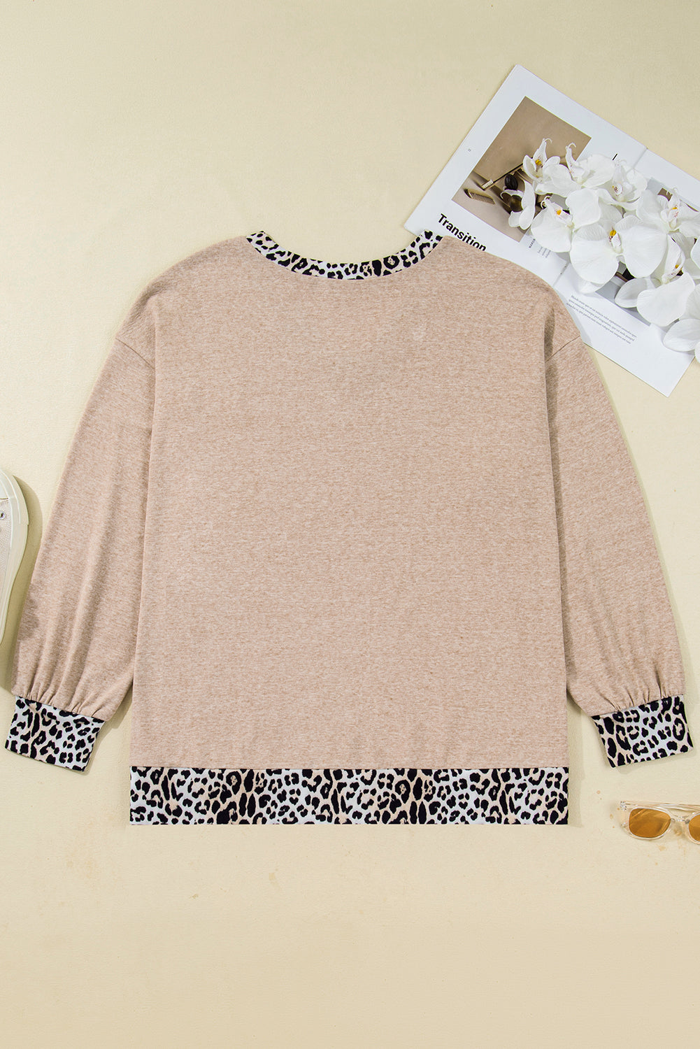 Parchment Leopard Patchwork V Neck Long Sleeve Plus Size Top-Plus Size/Plus Size Tops/Plus Size Long Sleeve Tops-[Adult]-[Female]-2022 Online Blue Zone Planet