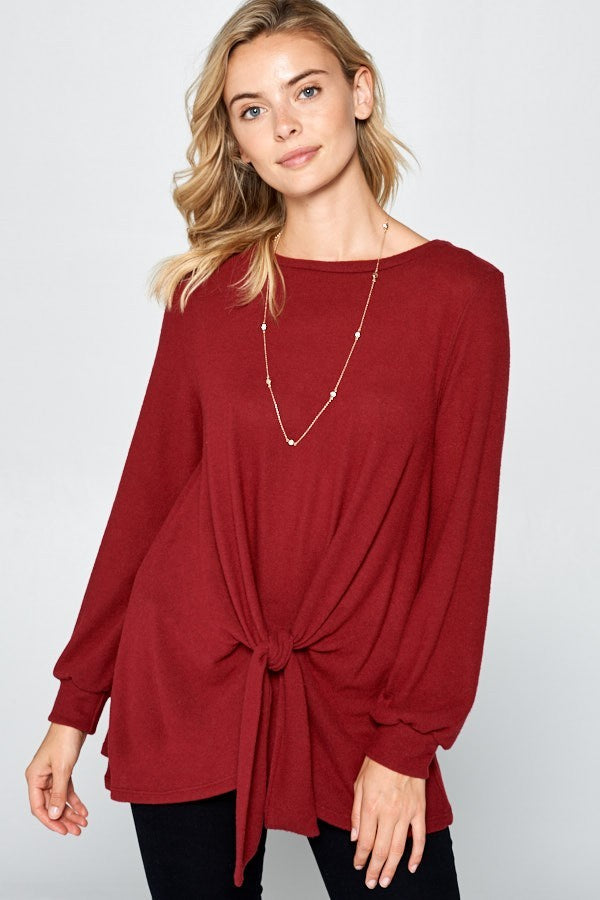 Blue Zone Planet | Super Lady Full Size Round Neck Knot Front Hacci Blouse-SWEATERS-[Adult]-[Female]-Burgundy-S-2022 Online Blue Zone Planet