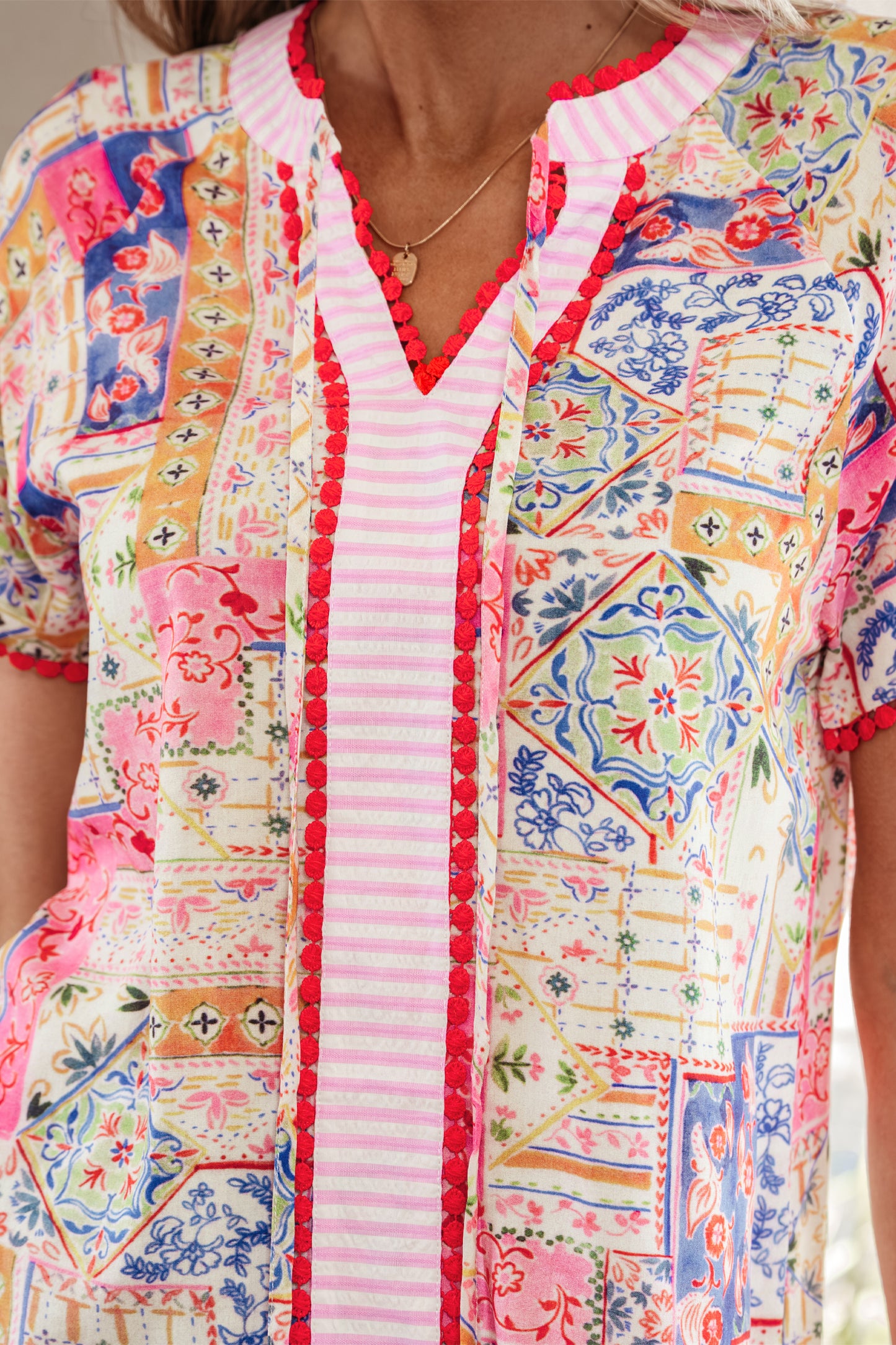 Red Mixed Print V Neck Short Sleeve Blouse-Tops/Blouses & Shirts-[Adult]-[Female]-2022 Online Blue Zone Planet