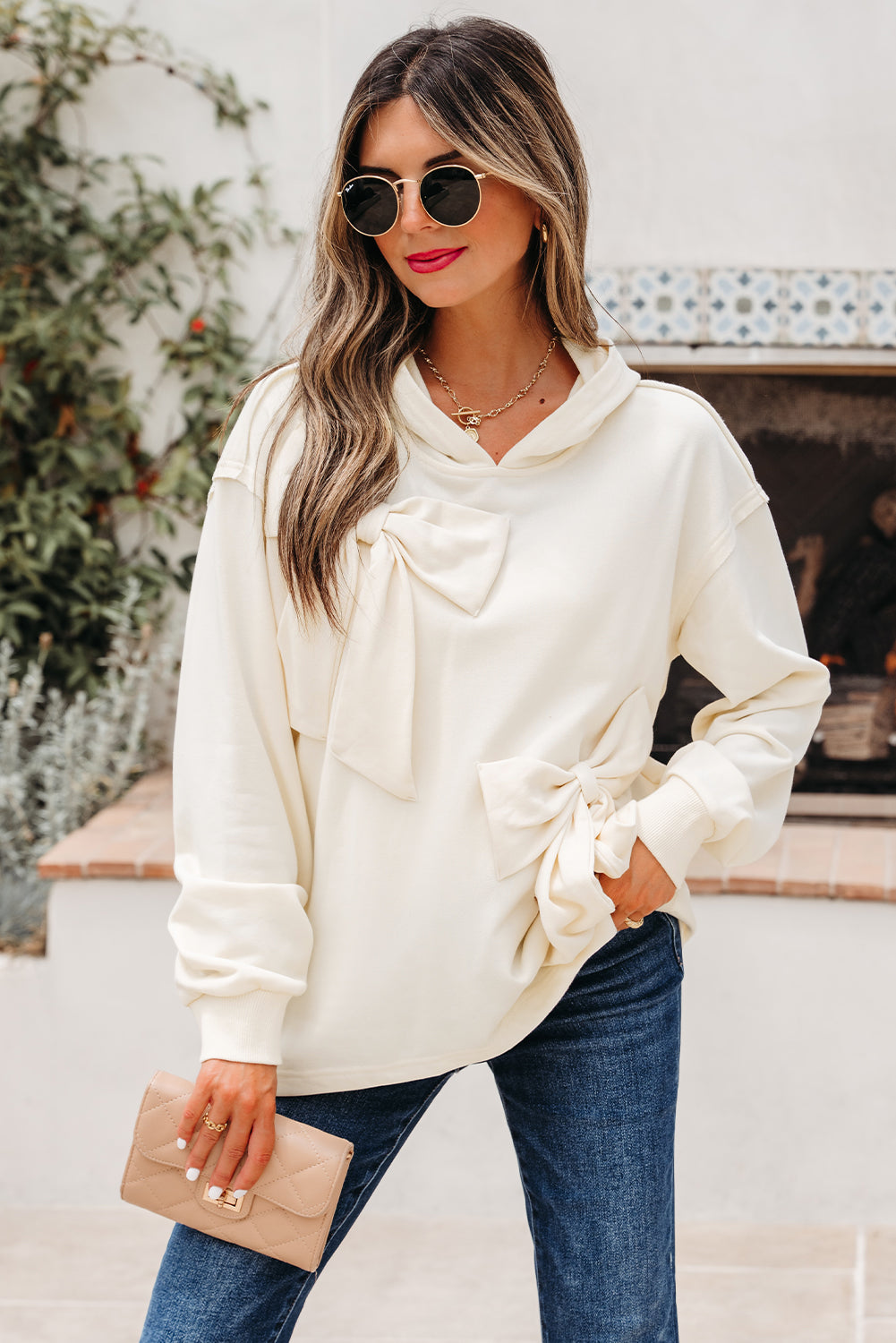 White Solid Color Cute Bow Detail Loose Hoodie-Tops / Dresses-[Adult]-[Female]-2022 Online Blue Zone Planet
