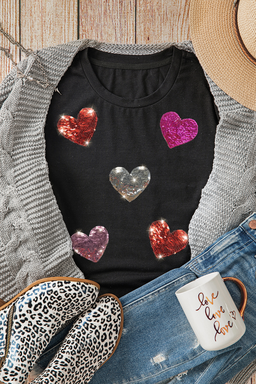 Black Sequin Heart Pattern Crewneck Valentines Tee-Graphic Tees-[Adult]-[Female]-2022 Online Blue Zone Planet