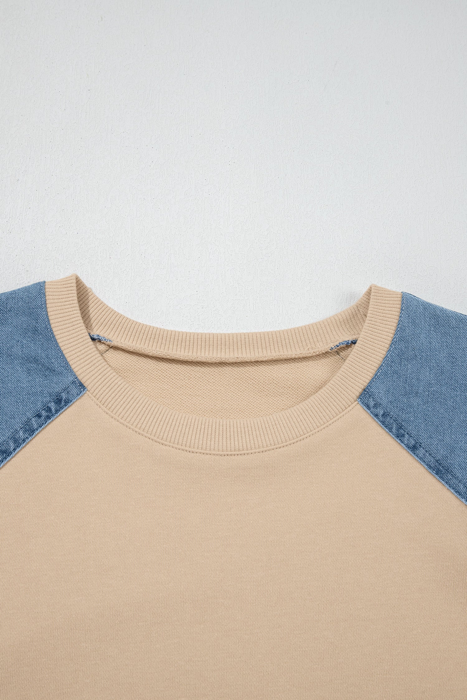 Beige Denim Color Block Patchwork Round Neck Tee-Tops/Tops & Tees-[Adult]-[Female]-2022 Online Blue Zone Planet