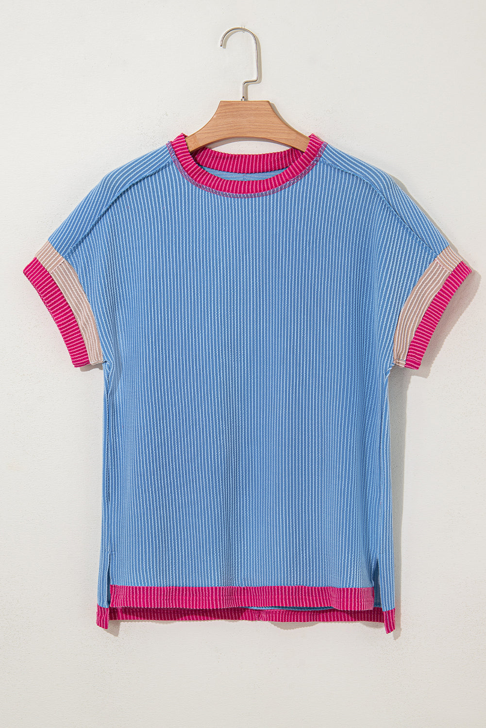 Sky Blue Textured Contrast Trim Round Neck T Shirt-Tops/Tops & Tees-[Adult]-[Female]-2022 Online Blue Zone Planet