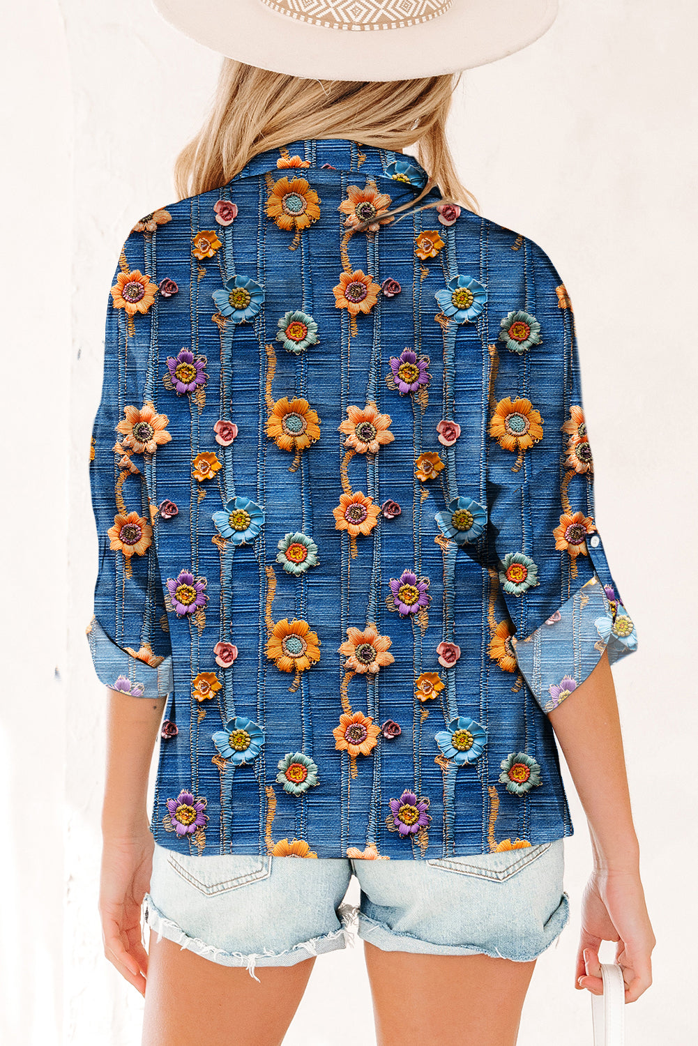 Blue Floral Collared V Neck Roll Up Sleeve Shift Blouse-Tops/Blouses & Shirts-[Adult]-[Female]-2022 Online Blue Zone Planet
