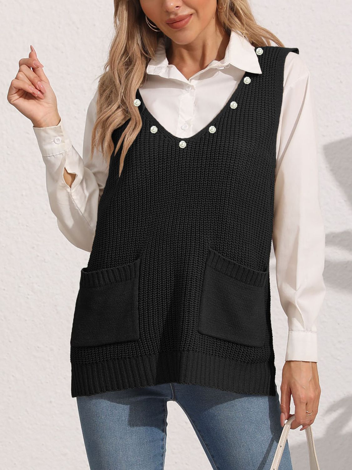 Slit V-Neck Sweater Vest-TOPS / DRESSES-[Adult]-[Female]-Black-One Size-2022 Online Blue Zone Planet