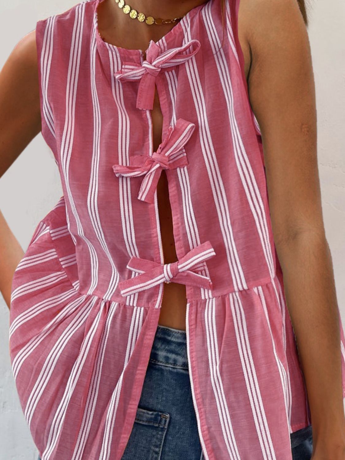 Tied Striped Round Neck Tank-TOPS / DRESSES-[Adult]-[Female]-2022 Online Blue Zone Planet