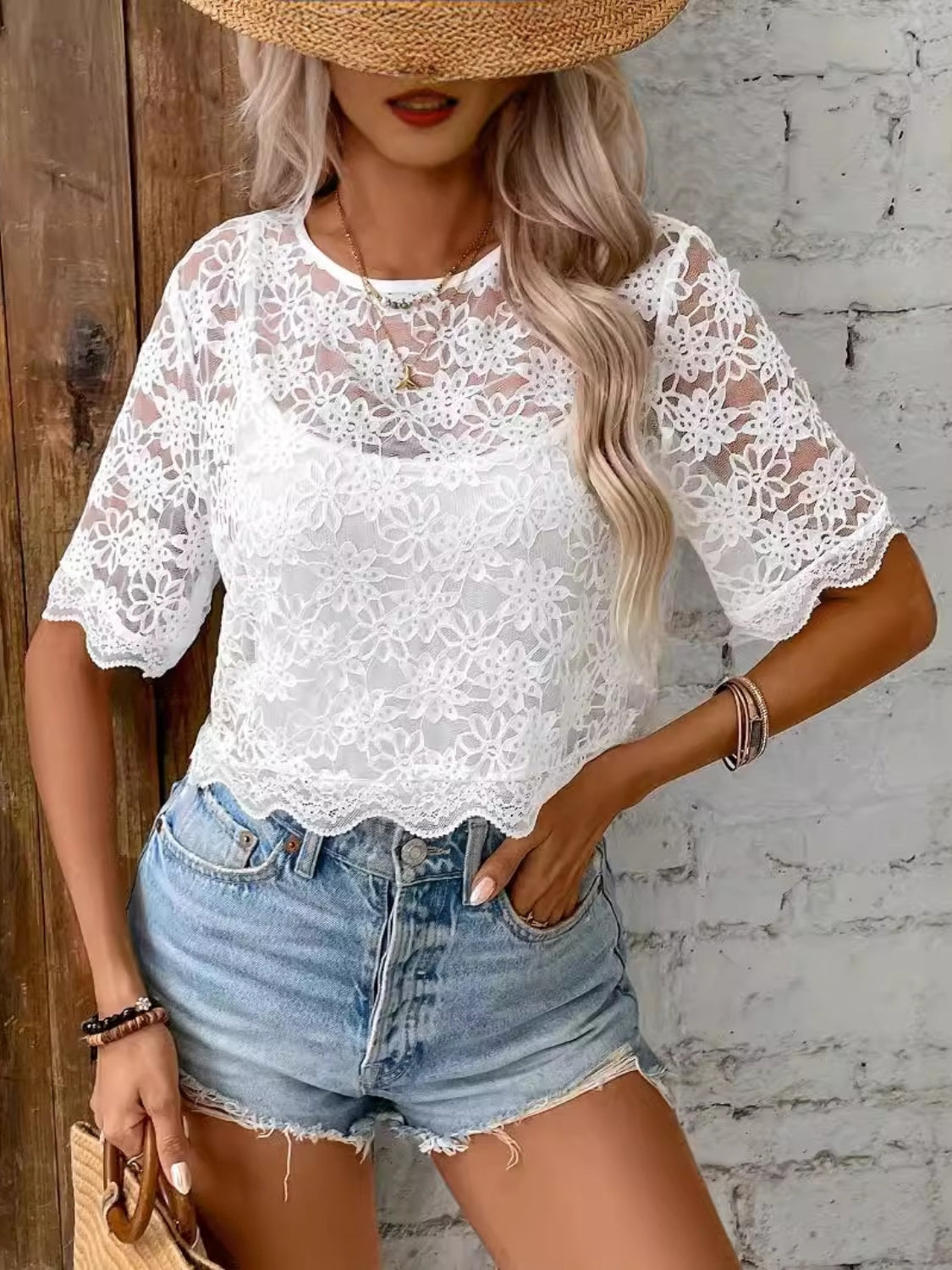 Flower Texture Round Neck Short Sleeve Top-TOPS / DRESSES-[Adult]-[Female]-2022 Online Blue Zone Planet