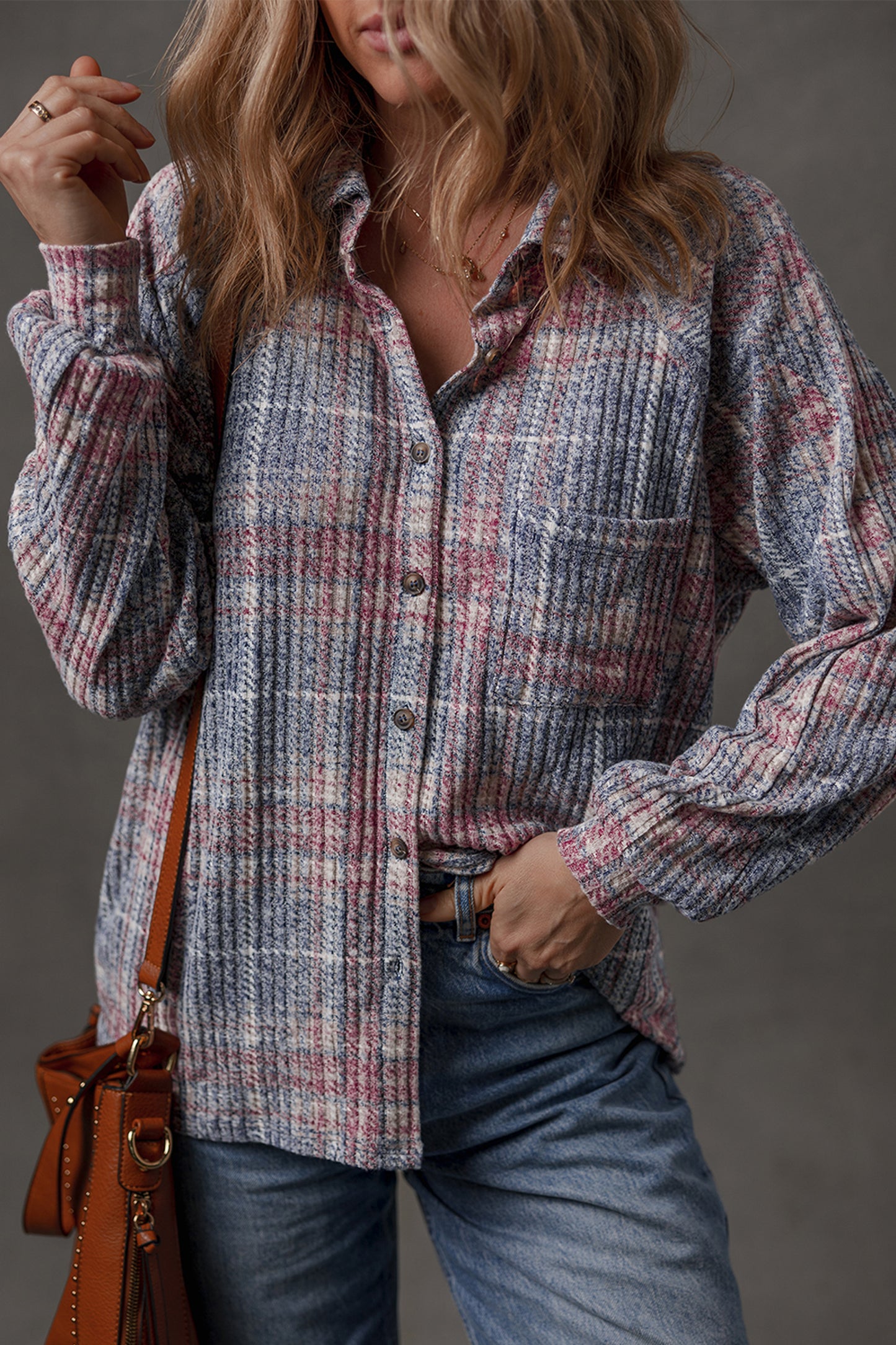 Multicolour Plaid Textured Chest Pocket Vintage Shirt-Tops/Blouses & Shirts-[Adult]-[Female]-2022 Online Blue Zone Planet