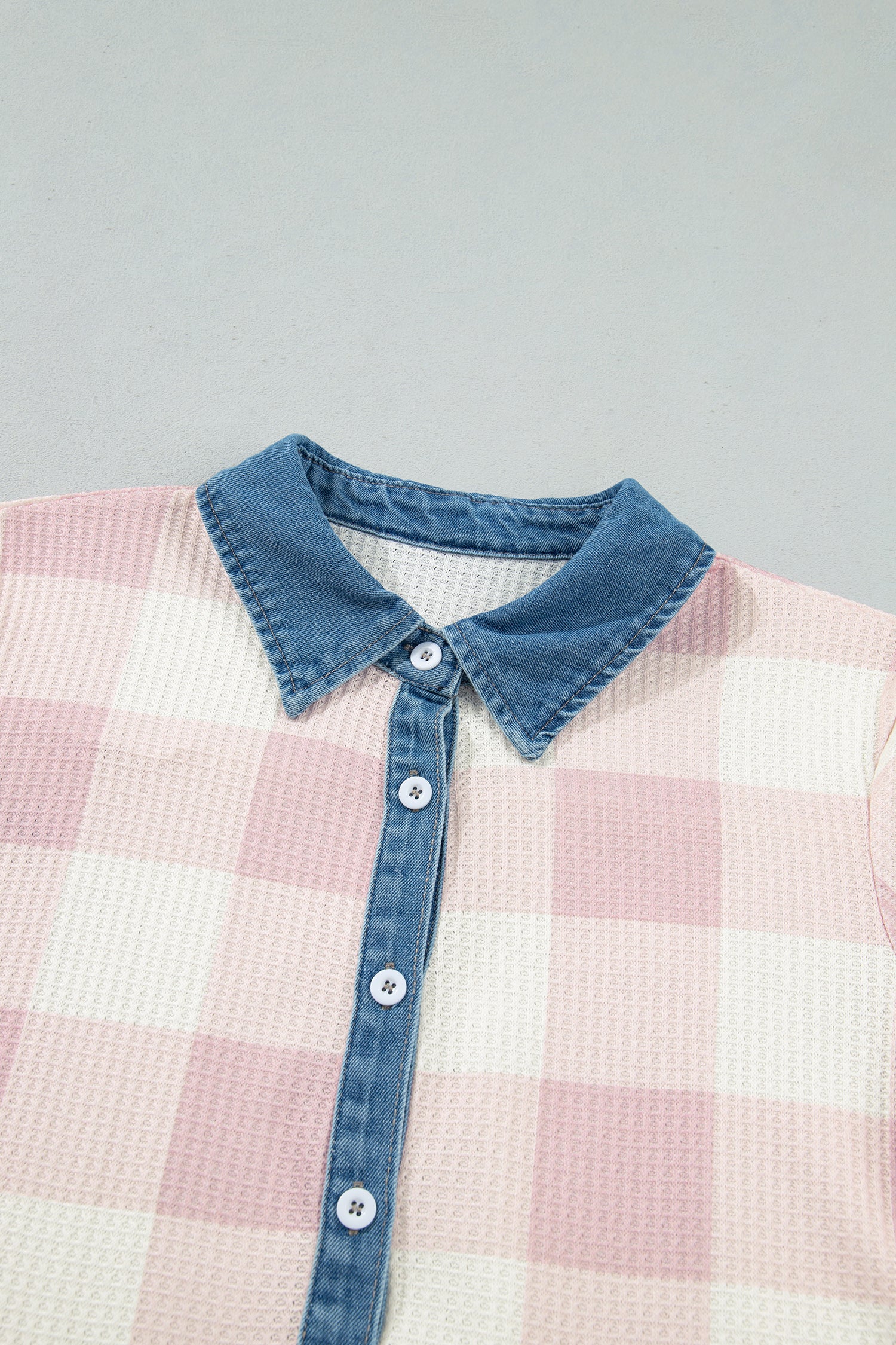 Pink Waffle Plaid Print Contrast Denim Shirt Collar Buttoned T Shirt Mini Dress-TOPS / DRESSES-[Adult]-[Female]-2022 Online Blue Zone Planet