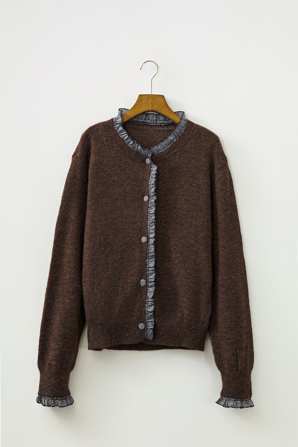 Chicory Coffee Plaid Ruffle Trim Patchwork Button Sweater Cardigan-Sweaters & Cardigans/Cardigans-[Adult]-[Female]-2022 Online Blue Zone Planet