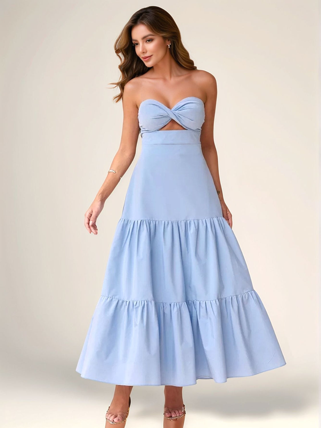 Twist Front Cutout Tiered Maxi Dress Light Blue / M Twist Front Cutout Tiered Maxi Dress Light Blue / M