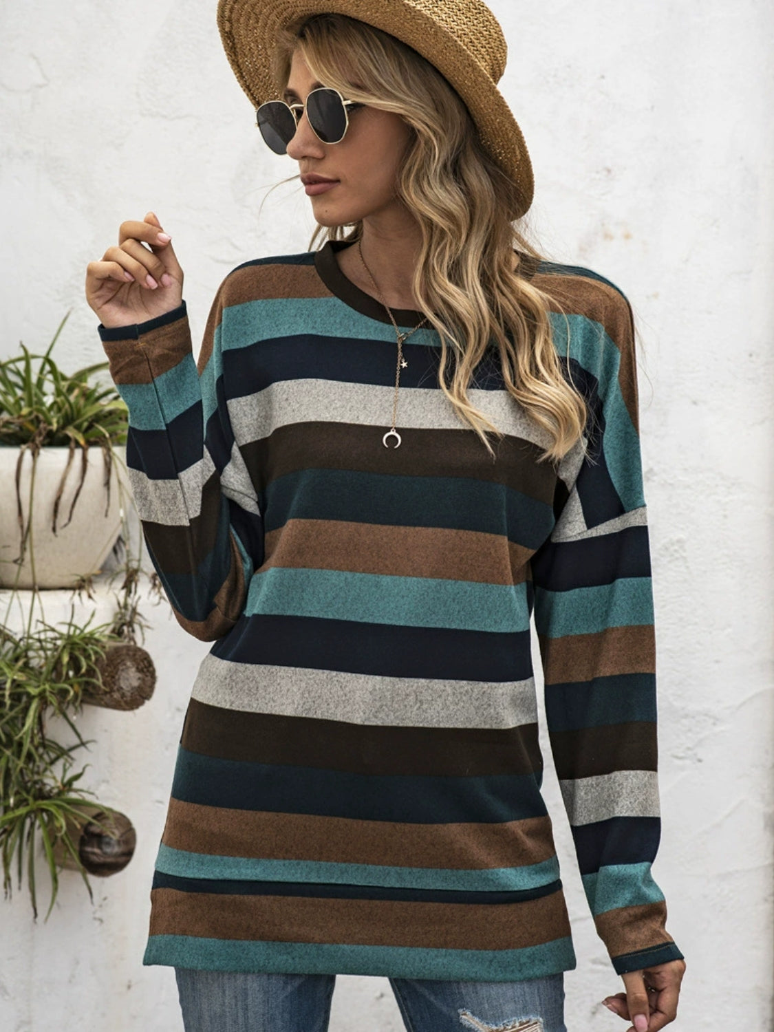 Full Size Striped Round Neck Long Sleeve T-Shirt Plus Size-TOPS / DRESSES-[Adult]-[Female]-2022 Online Blue Zone Planet