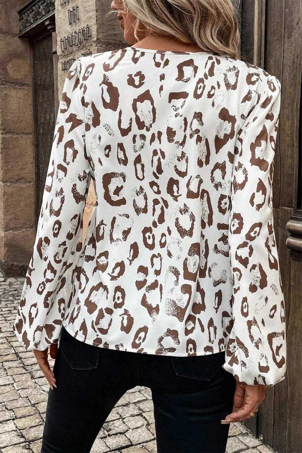 Khaki Leopard Print Split Neck Balloon Sleeve Blouse-Tops/Blouses & Shirts-[Adult]-[Female]-2022 Online Blue Zone Planet